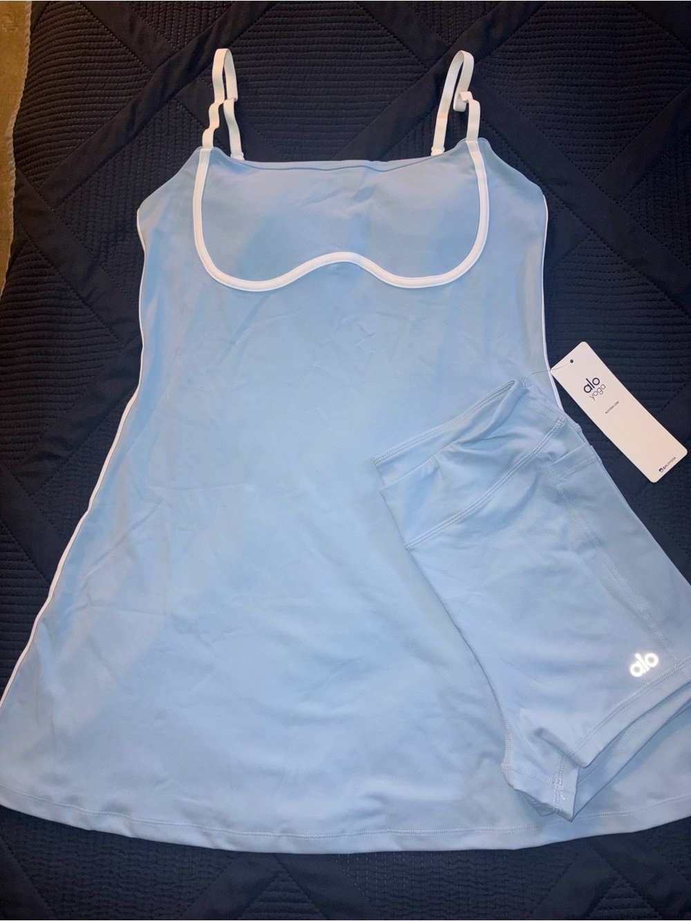 ALO Yoga Light Blue Cami Dress and Matching Shorts with White Trim